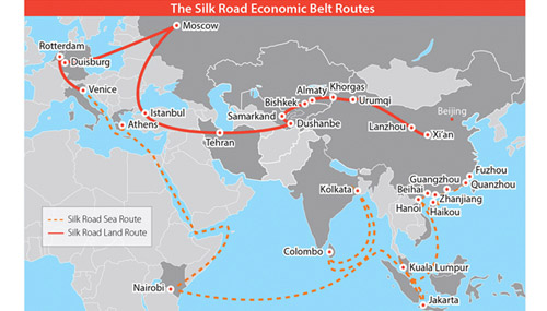 Map showing land and sea routes of the Silk Road One Belt One Road Initiative